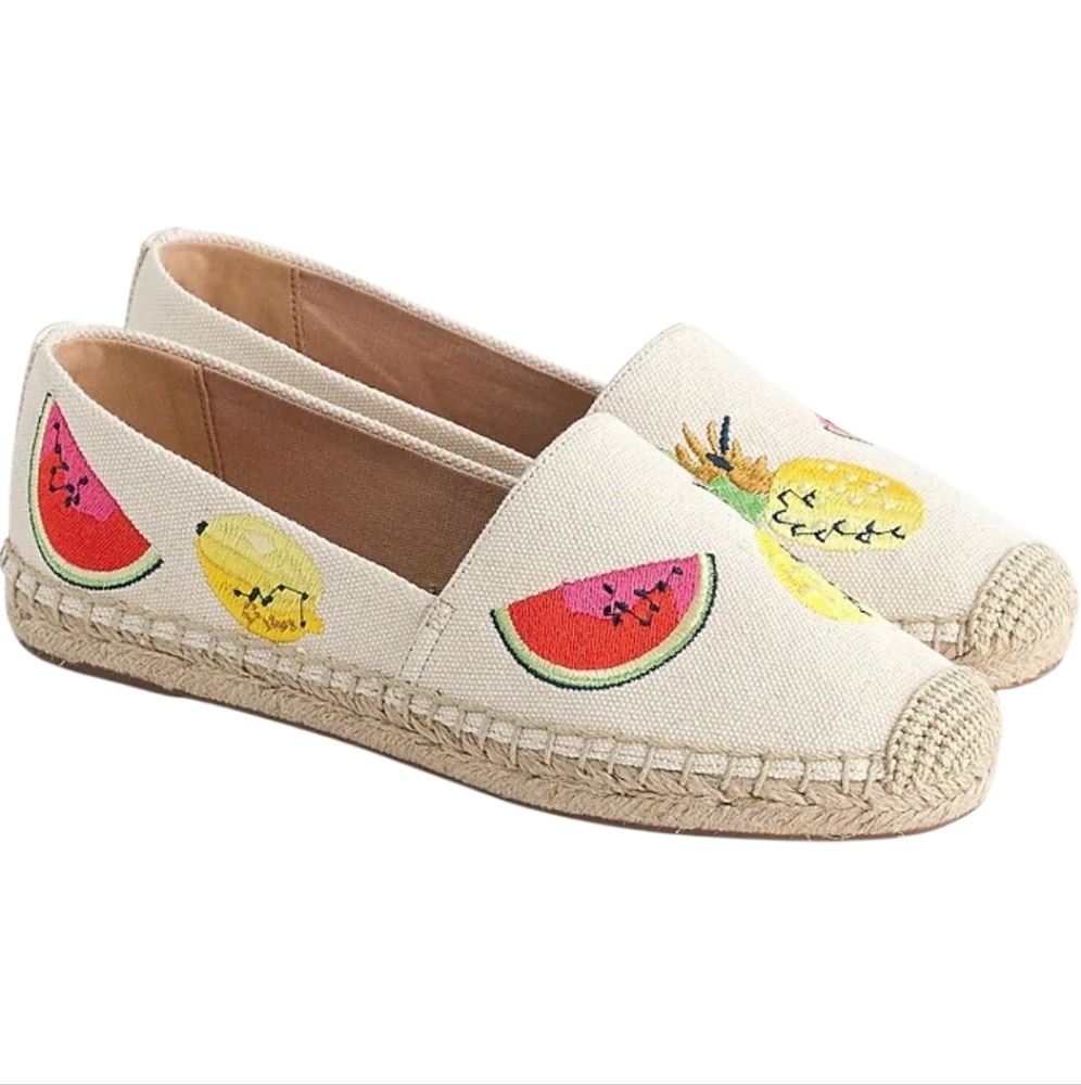 J Crew-- fruit Embroidered Espadrilles - Cream